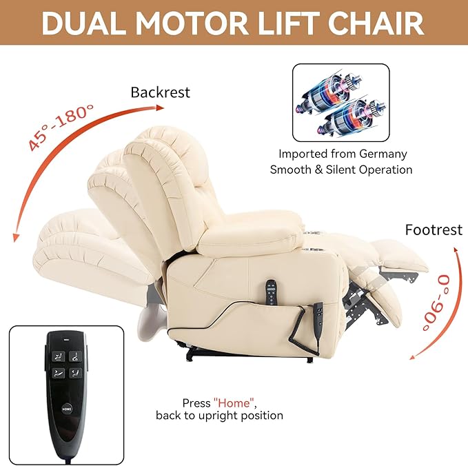 Electric Lay Flat Recliner Chair with Vibration Massage Heat for Elderly People, Power Lift Chair with Dual Motor Cup Holders, Faux Leather Beige