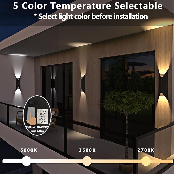 22W Dimmable LED Outdoor Wall Sconce,Modern Up Down Porch Lights 2700K 3000K 3500K 4000K 5000K 5 Colors Changeable,1800 Lumens Outdoor Wall Lights Exterior for House,Garage Door 2 Pack