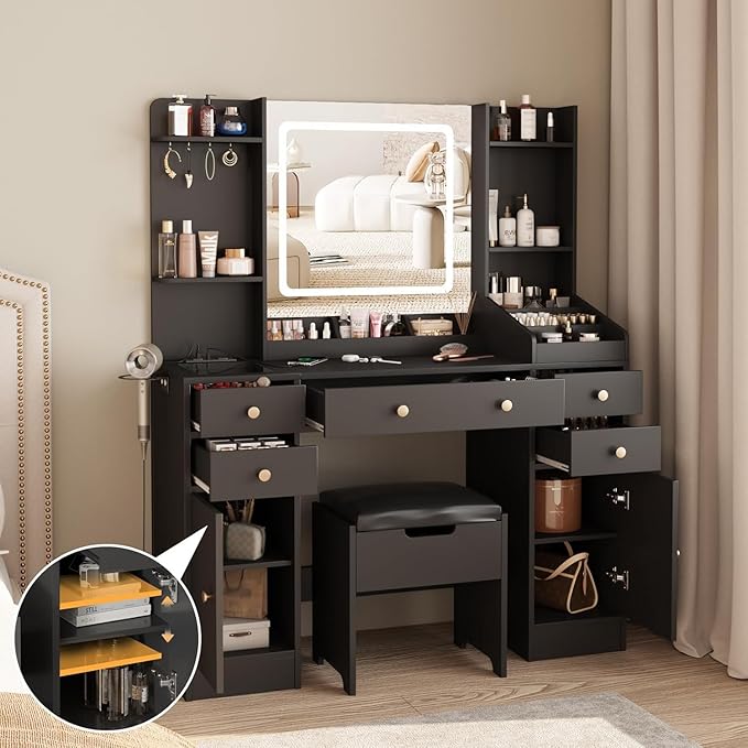 Vabches Vanity Desk with Lights, Makeup Vanity Table with Charging Station, 44.9in Big Vanity Set with 5 Drawers & Lots Storage Space, Black
