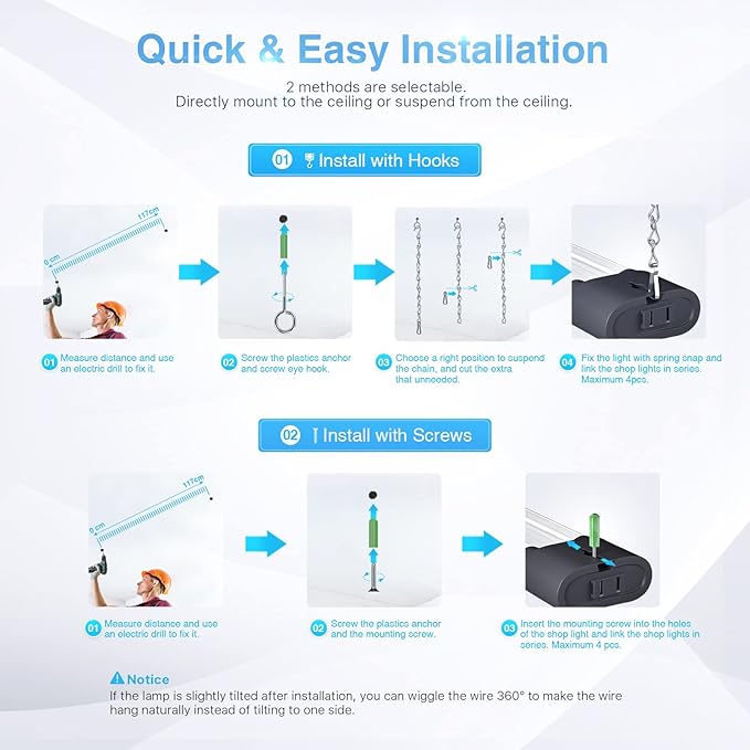 Ensenior 10 Pack Linkable Led Shop Light 4ft for Garage, 4400 High Lumens, 36W Equivalent 280W, 5000K Daylight, 48 Inch Utility shop led lights, Surface or Hanging Mount Fixtures, Black, ETL Certified