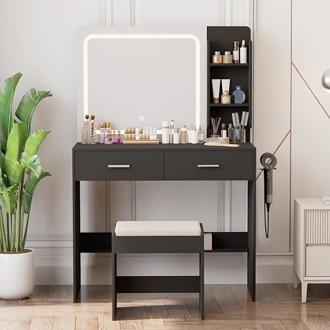 Makeup Vanity with Lighted Mirror & Electrical Outlet - 2 Shelves, 2 Drawers, Bottom Storage - Comes with Upholstered Stool （Black）