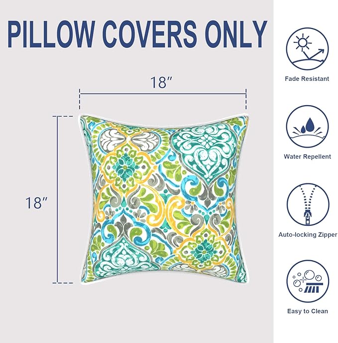 Outdoor Throw Pillow Covers Pack of 2, Decorative Water Repellent Square Pillow Cases 18x18 Inch, Patio Pillowcases for Home Patio Furniture Use, Damask Green