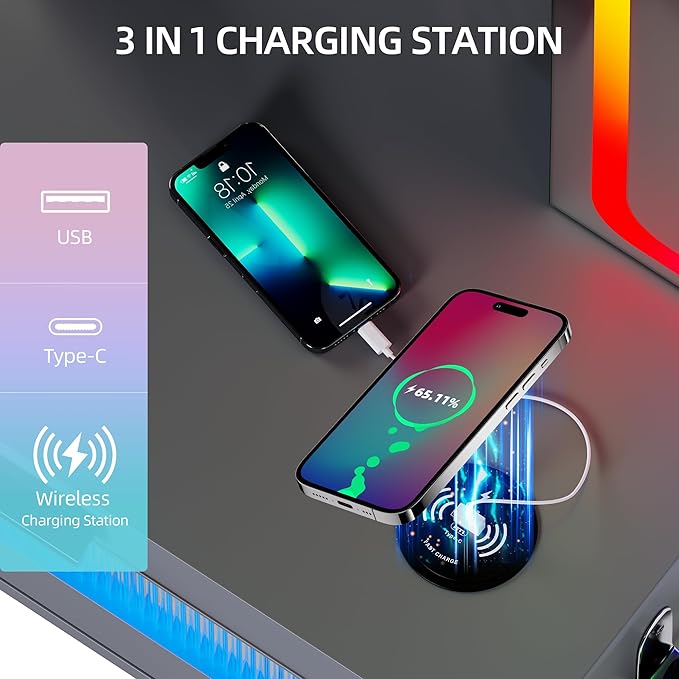 LED Vanity with Sliding Mirror, Smart Makeup Table with 5 Drawers 6 Shelves, Make Up Vanity Desk with Charging Station 14 Color Lighting Modes, Cushioned Stool, USB Type-C for Bedroom Gray