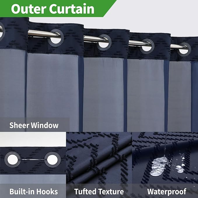 No Hook Tufted Chevron Striped Shower Curtain with Snap-in Fabric Liner set-71Wx74H(72H),Navy Blue Hotel Grade Boho Style Shower Curtain with See Through Top Window,Water Repellent