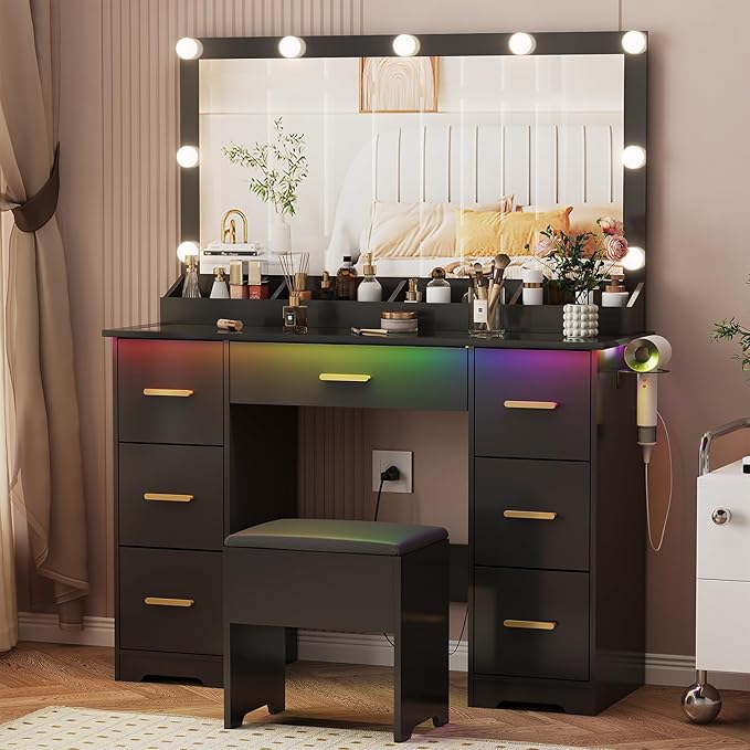 Vanity Desk with 38" Large Mirror and 9 LED Lights & Glass Top and Power Outlet, Adults Makeup Vanity with Chair and 7 Storage Drawers, Dressing Table Set for Bedroom, Modern Black