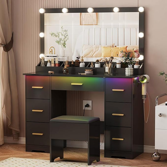 Vanity Desk with 38" Large Mirror and 9 LED Lights & Glass Top and Power Outlet, Adults Makeup Vanity with Chair and 7 Storage Drawers, Dressing Table Set for Bedroom, Modern Black