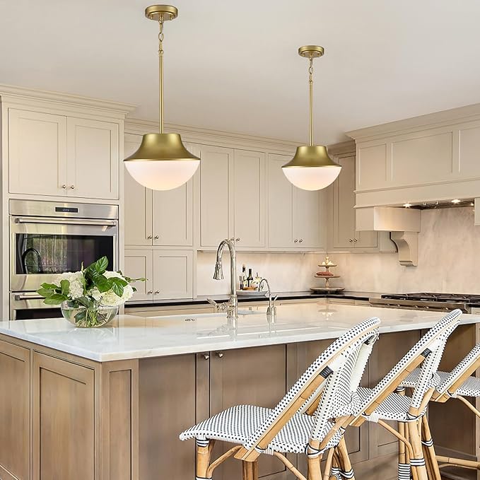 Mid Century Modern Pendant Light Fixture 11.02" Brass Gold Yellow Pendant Light Kitchen Island with Milk Glass White Bowl Shade Over Sink Bathroom Dining Room Foyer