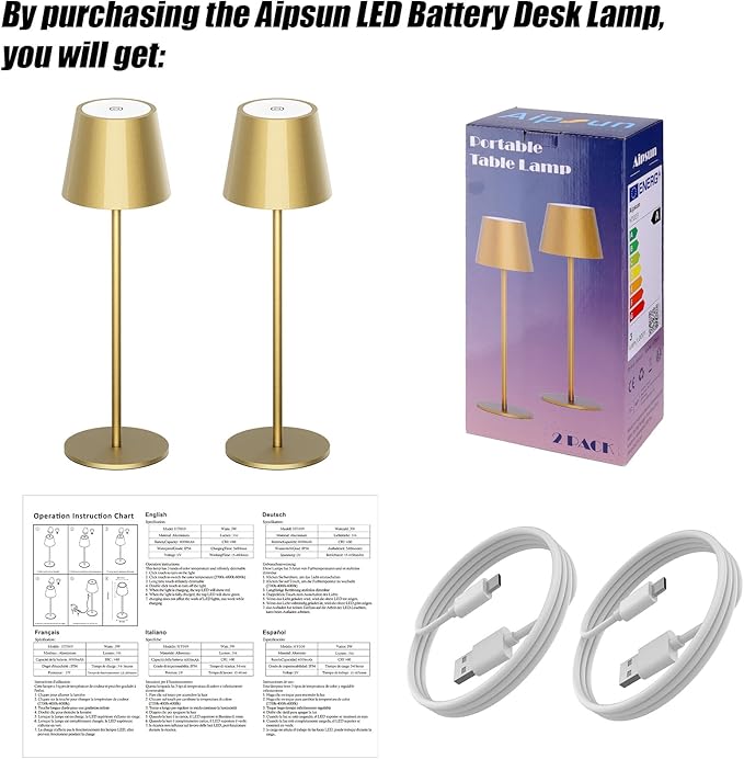 Aipsun 2 Pack Gold Table Lamp LED Modern Rechargeable Portable Table Light 6200mAh Battery Powered Table Lamp 3 Color Temperature Stepless Dimming Cordless Touch Lamps