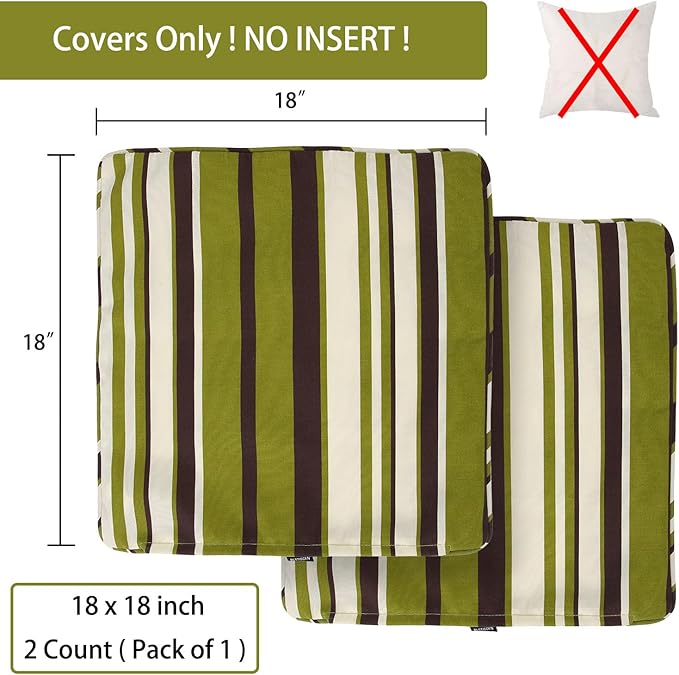 Outdoor Throw Pillow Covers 18x18 Inch, Set of 2, Cover Only! Waterproof Fade Resistant Decorative Cushion Sham Pillow Cases for Patio Furniture Chair Couch Sofa - Green Striped