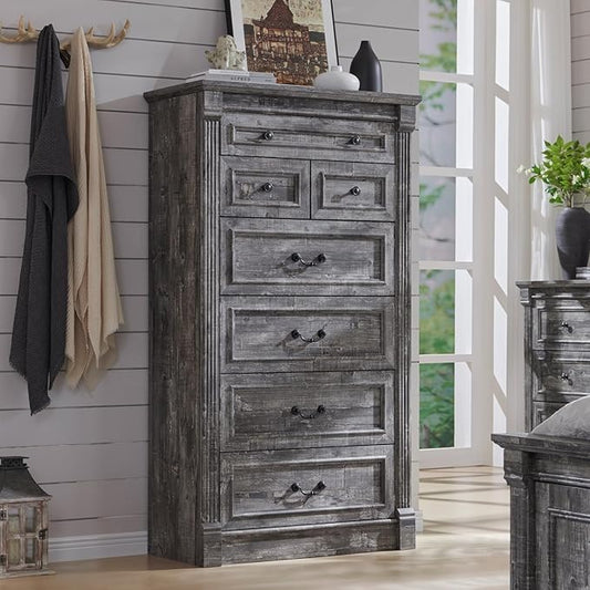 Farmhouse 7 Drawers Dresser for Bedroom, 57" Tall Large Dressers & Chests of Drawers w/Roman Column, Storage Dressers Organizer for Bedroom, Hallway, Living Room, Light Grey
