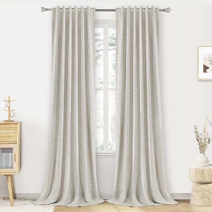 Linen Full Blackout Textured Curtains 90 Inch Length 2 Panels Set for Living Room, Back Tab Thermal Insulated 100% Black Out Beige Drapes Room Darkening Window Curtains 90 Inches Long