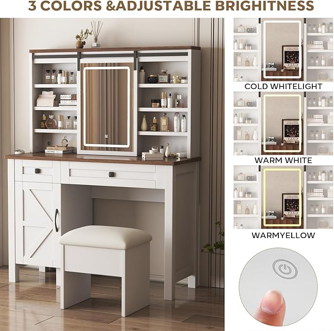 Vanity Desk and Chair Set with Sliding Mirror and Lights, 42" Glass Top White Vanity with Power Outlet, Makeup Vanity Table with 3 Color Modes Adjustable Brightness, Dressing Table for Bedroom