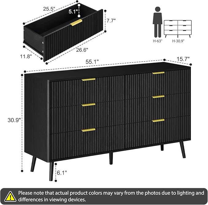 LYNSOM 55" Wide Fluted Dresser for Bedroom with 6 Drawer, Modern Chest of Drawers with Curved Profile Design and Metal Handles, Wood Dresser TV Stand & Storage Organizer for Living Room, Black