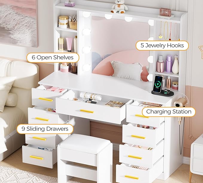 ANWBROAD Large Vanity Desk with Mirror and Lights 43" Makeup Vanity Desk with Lights 3 Colors 9 Drawers Power Outlet 6 Storage Shelves 5 Hooks White Dressing Table with Stool for Bedroom Girls UBDT87W