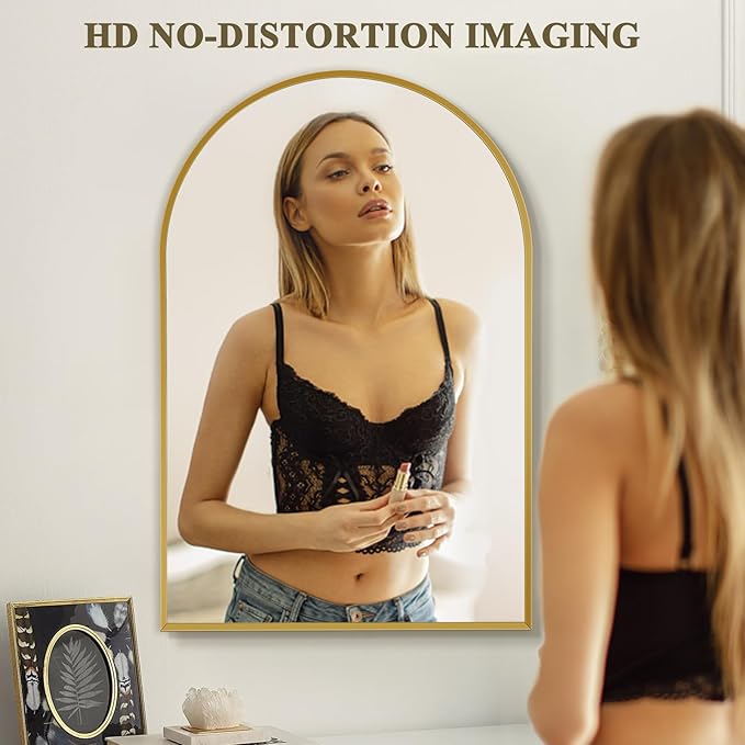 24" x 32" Gold Arched Mirror, Arch Wall Mirror, Metal Frame Black Bathroom Mirror, Arched Top Bathroom Vanity Mirror for Living Room, Bedroom, Entryway, Tempered Glass, Shatter Proof