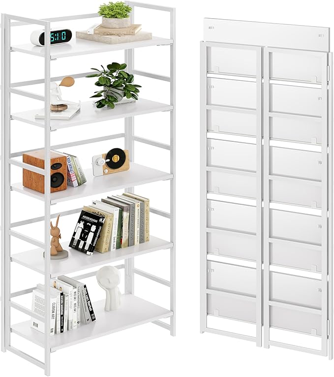 BHG Vintage Multifunctional Folding Bookshelf, No-Assembly Plant Stand Storage Rack Shelves for Home Office (All White, 5-Tier)
