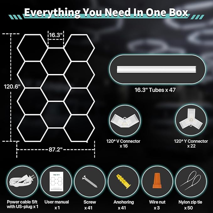 Hexagon Garage Lights: 329W 47Pack 11 Grids Hexagon LED Lights - Easy Install 6500K Super Bright Honeycomb Lights Ceiling for Garage, Warehouse, Car Detailing Shop, Exhibition Hall, Gym