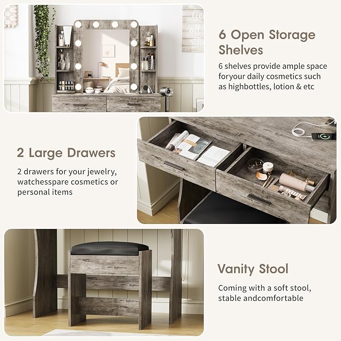 Maupvit Vanity Desk with Mirror and Lights,Makeup Vanity Table Set with Power Outlet,3 Lighting Modes & Adjustable Brightness Dressing Table with 2 Drawers for Bedroom Dressing Room,Light Oak Grey