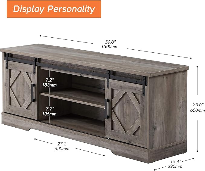 WAMPAT Farmhouse Sliding Barn Door TV Stand for TVs Up to 65 inch, Modern Storage Entertainment Center, Wood Media Console Table Cabinet 3-Level Adjustable Shelf for Living Room, Wash Grey