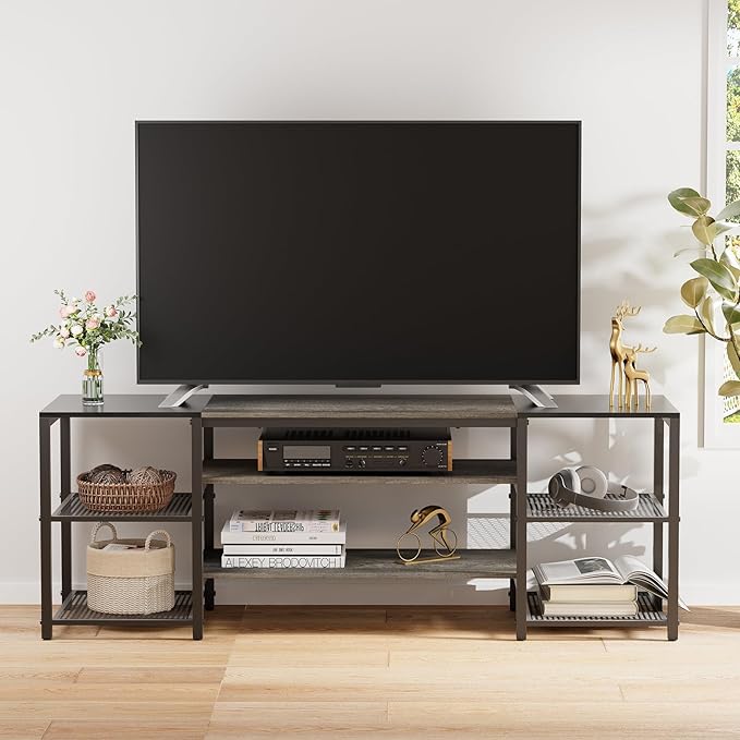Modern Television Stand for 65 Inch TVs with Industrial Color Grey & Black, Metal Frame Storage Shelves with Open 3-Tier for Entertainment Center, Bedroom, Living Room