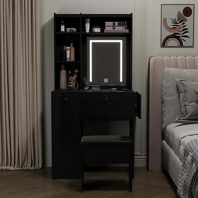 ARTETHYS Vanity Desk with Mirror and Lights Black Makeup Vanities Set with Storage Chair Dressing Table with Drawer and Fold-up Panel for Bedroom