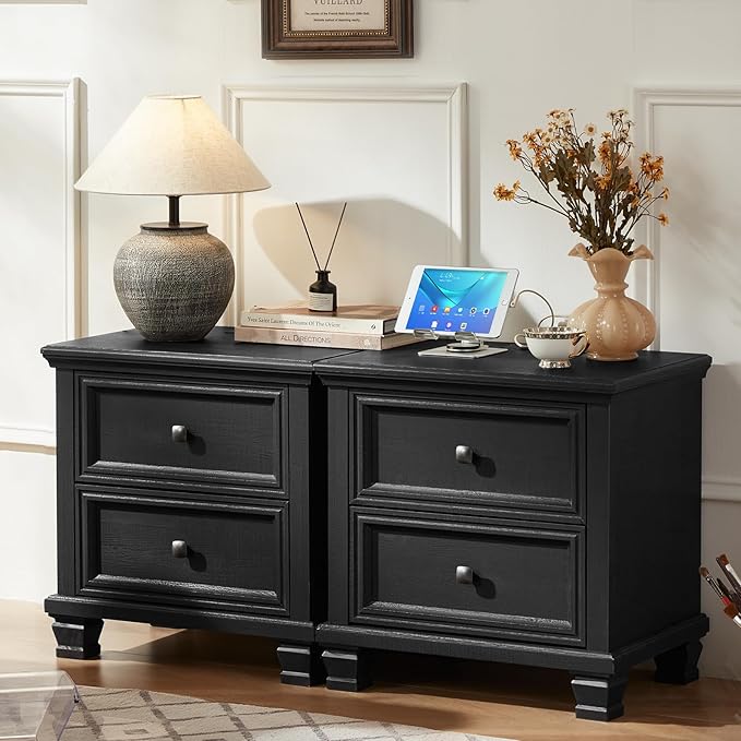 Farmhouse Black Bedroom Sets of 4, Includes 6 Drawer Large Dresser, Low 2 Drawers Night Stand with Charging Station, Small 5 Chest of Drawers, Wood Rustic Dresser & Nightstand Set for Home