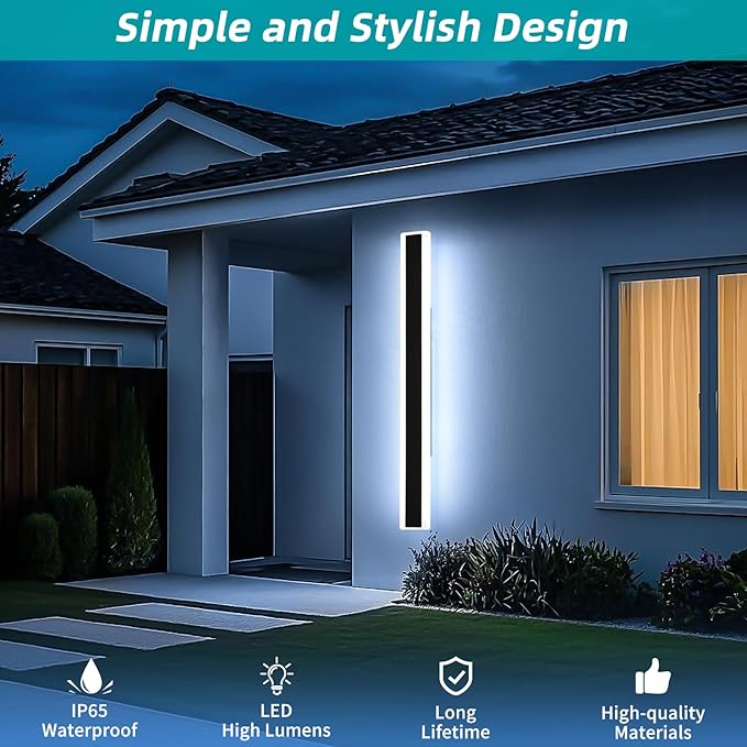 Mikeru 70.8inch Long Led Wall Light, 6000k Cool White Modern Outdoor Wall Light Ip65 Waterproof Black Acrylic Porch Exterior Lighting Fixtures, Exterior Wall Mount Lights for Garage Front Door
