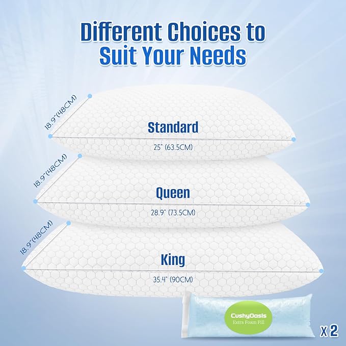 Shredded Memory Foam Pillow for Sleeping, Cooling Bed Pillows Set of 2, Adjustable Pillows for Side, Back, Stomach Sleepers with Washable Pillowcase (King Size, Grey)