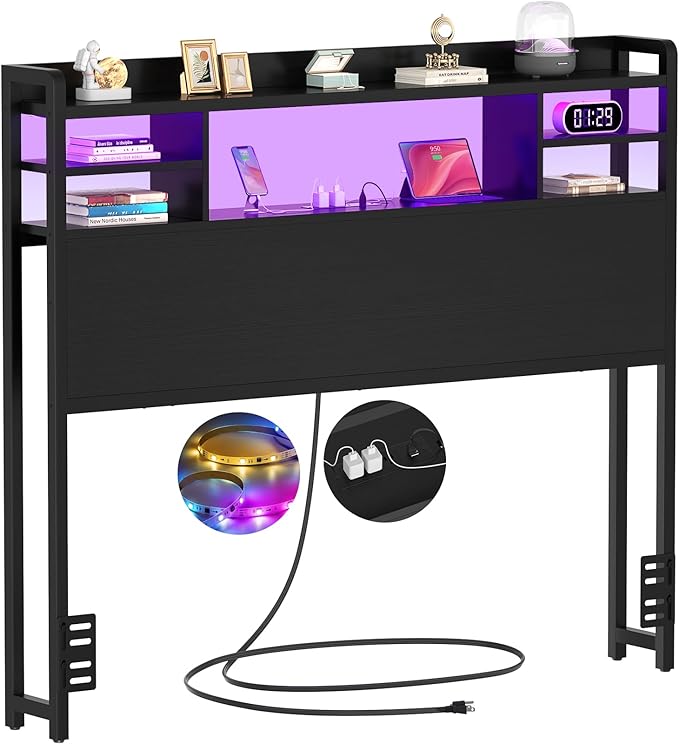 Aheaplus Headboard for Twin Size Bed with Storage, Headboards with LED Light, Power Outlets, USB Ports Twin Size Head Board, Wood headboard Only Sturdy and Stable Headboards, Modern, Black