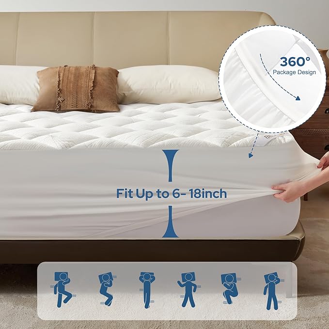 BEDLORE Queen Mattress Topper, Viscose Made from Bamboo Soft Pillow Top Mattress Pad, Thick Mattress Cover for Back Pain Relief with 6-18 inches Deep Pocket
