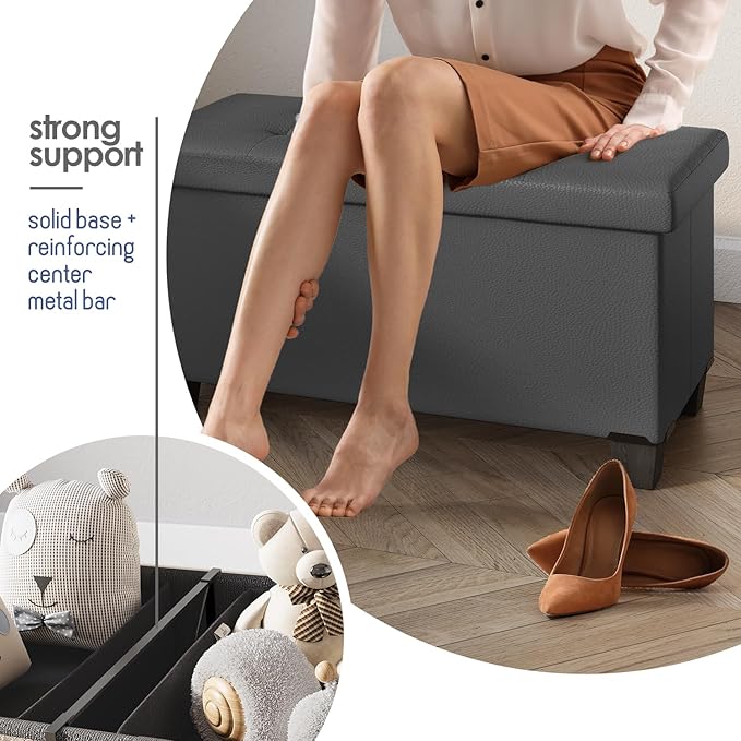 STORAGEBUD Storage Ottoman Bench with Bins, 30-in Storage Bench for Bedroom End of Bed, Folding Foot Rest Ottoman for Living Room Max 660lbs, Faux Leather Ottomans, Grey