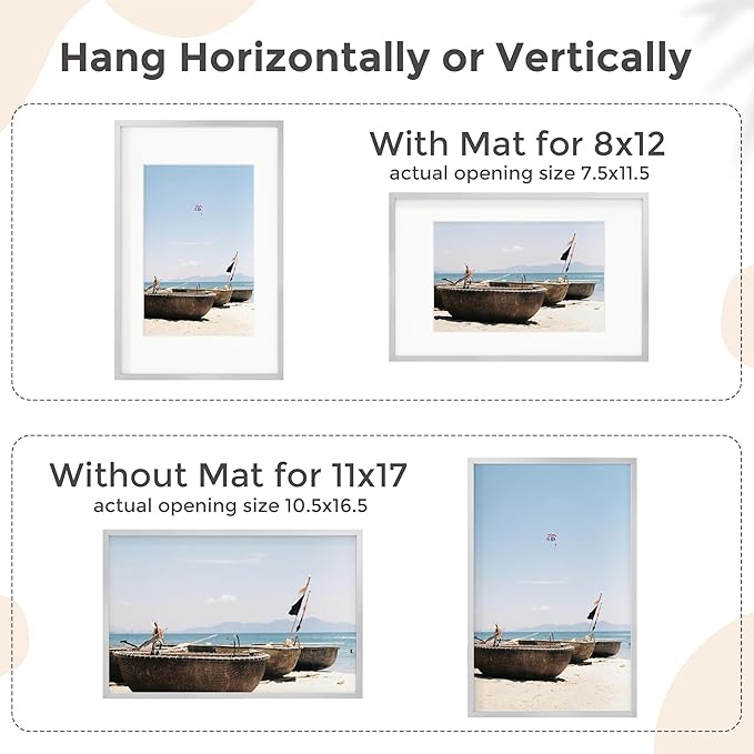 11x17 Metal Picture Frame for Wall With Mat for 8x12, 11''x17'' Aluminum Photo Frames With Tempered Glass for Home Decor, Minimalist Modern Poster Frame Horizontal And Vertical Formats, Silver