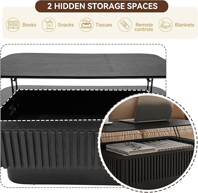 Lift Top Coffee Table for Living Room,Rectangle Handmade Solid Wood Strips, Fluted Coffee Table with Hidden Storage Compartment for Small Space Office Apartment (38.6"L×26.8''W×13.8''H-Black)