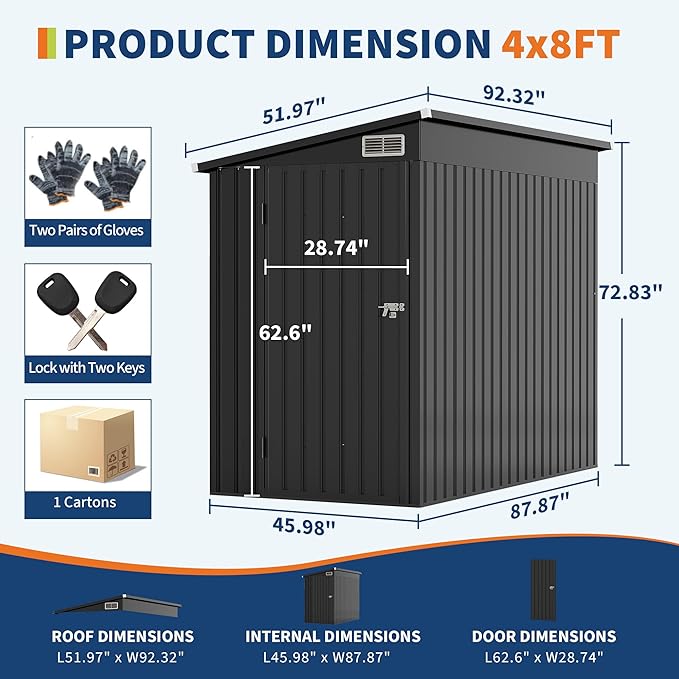 4x8 FT Metal Outdoor Lean to Storage Shed, Lean to Garden Shed Utility Tool Shed, Heavy-Duty Outdoor Metal Wall Side Storage Sheds