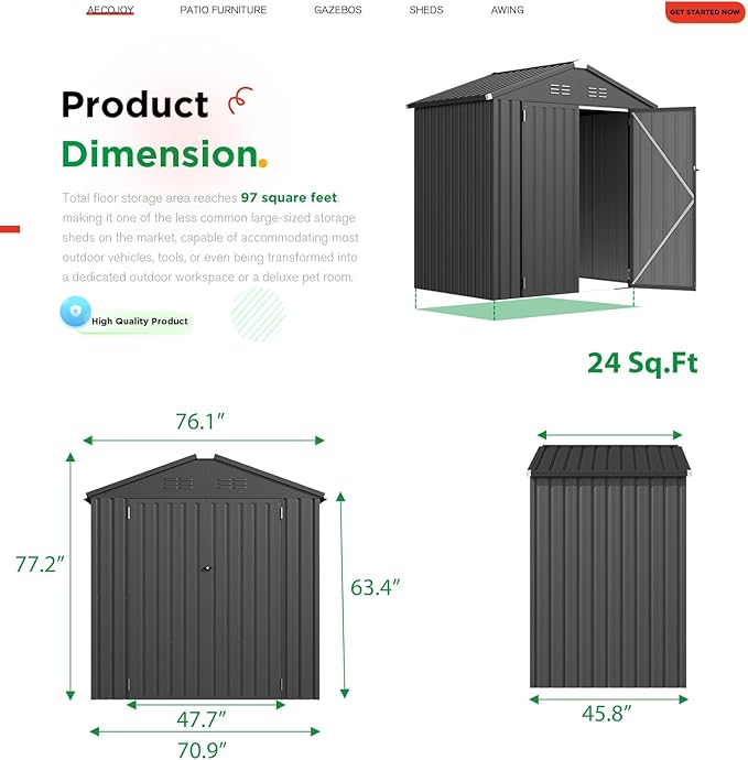 AECOJOY Shed 6' x 4' Storage Shed, Dark Grey Metal Sheds & Outdoor Storage Clearance, Utility and Tool Garden Shed with Lockable Doors for Backyard, Patio, Outside Use