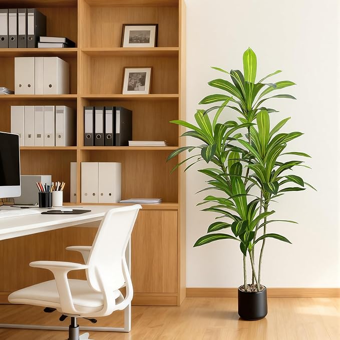 Artificial Dracaena Tree 5FT Tall, Realistic Faux Indoor Floor Plant for Home & Office Decor, Black Round Planter with Decorative Stones – UPBUD
