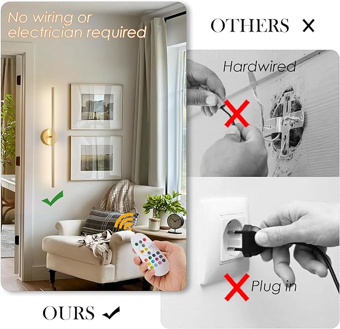 Battery Operated Wall Sconces Set of Two, with Remote Control, Dimmable, Warm White/Natural White/Daylight/RGB, 350°Rotate, LED Gold Wireless Wall Light for Living Room, Bedroom, 28.3 Inch
