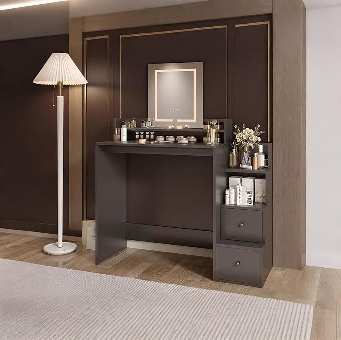 Vanity Desk with Mirror and Lights, Makeup Vanity Desk with Lights 3 Colors, Vanity Table with 2-Tier Shelves, Modern Black Dressing Table for Bedroom