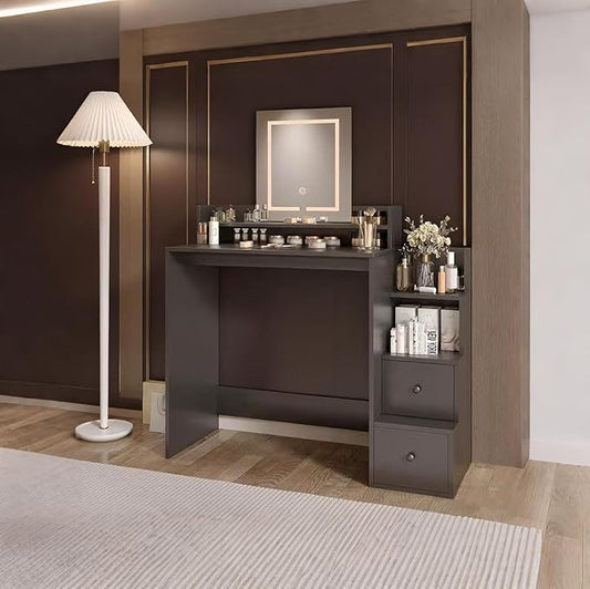 Vanity Desk with Mirror and Lights, Makeup Vanity Desk with Lights 3 Colors, Vanity Table with 2-Tier Shelves, Modern Black Dressing Table for Bedroom