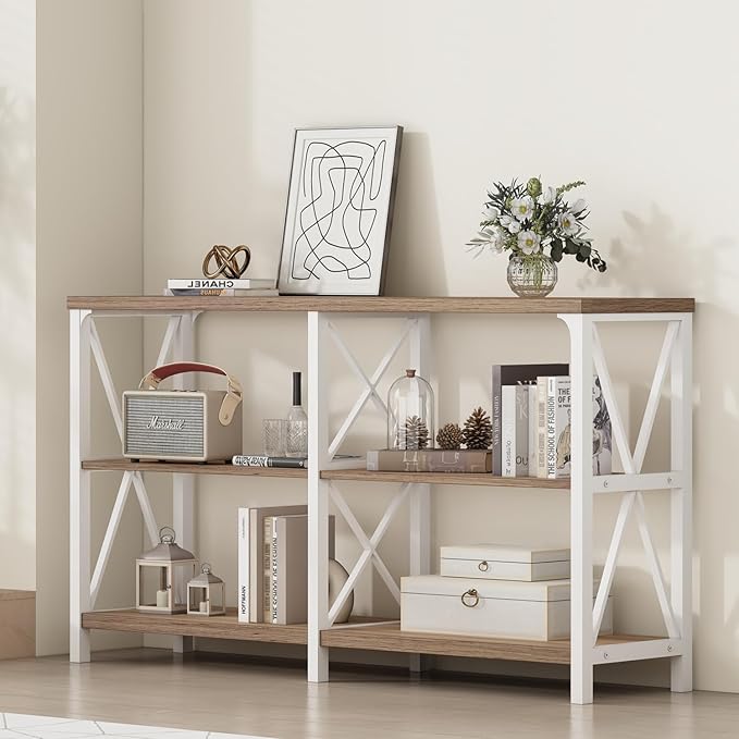 IBF Farmhouse Entryway Table, Wood TV Console Table, Rustic Metal Sofa Table, Industrial Hallway Tables with Storage Shelves, Modern Foyer Tables for Front Entry Way, White and Rustic Oak, 47 Inch