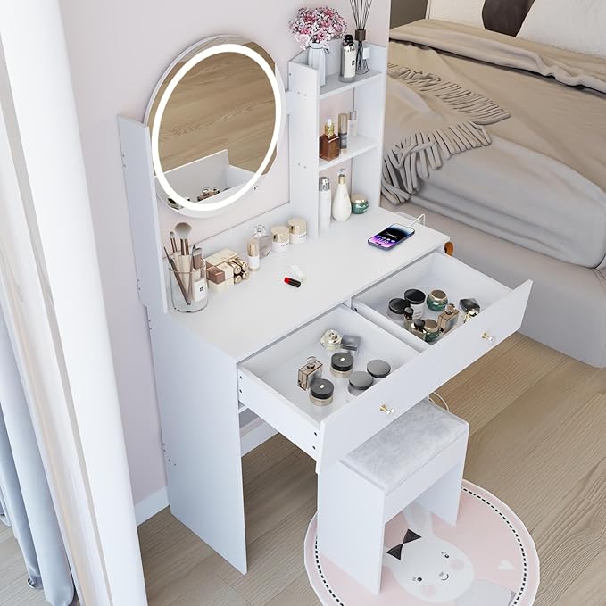 31.5" Small Vanity Desk with Round Mirror and Lights, Makeup Table with 2 AC+2 USB Power Station, Hair Dryer Bracket, Vanity Set with Drawers and Stool for Small Space Bedroom, White