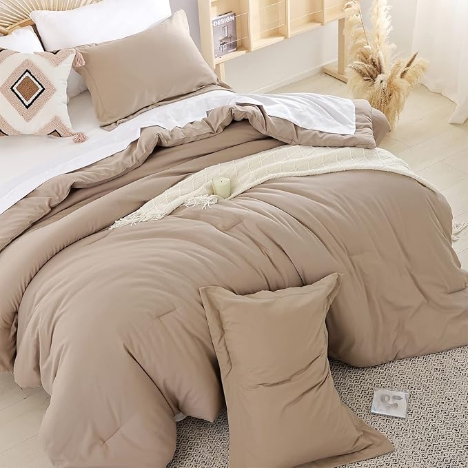 weigelia Queen Comforter Set Taupe Comforter Set 7 Pieces Bed Comforter Set with Fitted Sheets, Flat Sheets, Pillow Shams and Pillowcases for All Season