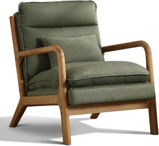 Phoenix Home Accent Chair Mid Century Lounge Chair PU Leather, Upholstered Reading Armchair with Lumbar Pillow & Solid Wood Frame for Office, Living Room Bedroom, Balcony, Green