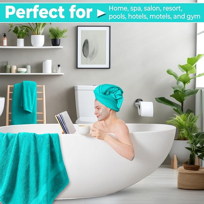 Pack of 8 Towels Set, 2 Large Bath Towels, 2 Hand Towels, 4 Wash Cloths, 100% Cotton, Lighter Weight, Quicker to Dry, Super Absorbent, Perfect for Bathroom (Aqua)
