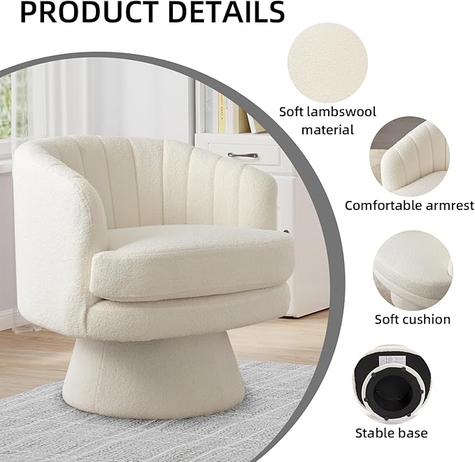 Phoenix Home Swivel Barrel Accent Chair, Mid Century 360 Degree Swivel Barrel Chair, Overstuffed Round Reading Lounge Chair Berber Fleece, Ideal for Living Room, Bedroom, Living Room, Office, Beige