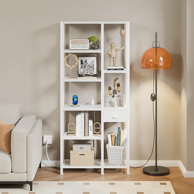 Furologee 6-Tier Bookshelf with Charging Station, Double Display Shelf with Drawer, Tall Freestanding Bookcase, Metal Open Book Shelf for Living Room, Bedroom, Home Office, White