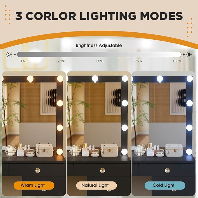 Likein Vanity Desk with Mirror and Lights, Black Vanity with Hidden Jewelry Storage Cabinet, Charging Station, 11 Drawers Makeup Vanity with Lights, Crystal Knobs, 3 Color Lighting Modes for Girls