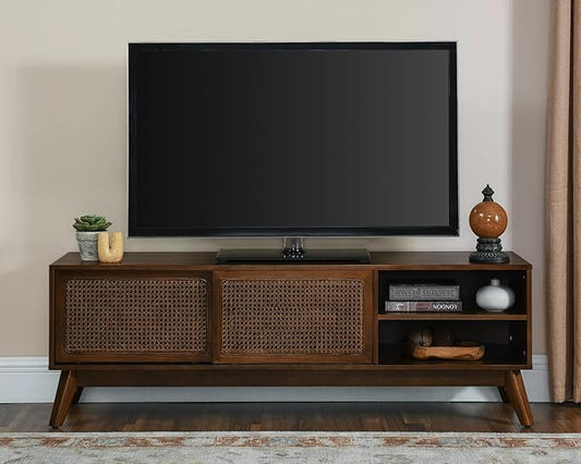 59 inch Mid Century Modern TV Stand with Rattan Cabinet Doors, Boho Entertainment Center for 55/60/65 inch TVS, Media Console for Living Room/Bedroom, Dark Walnut