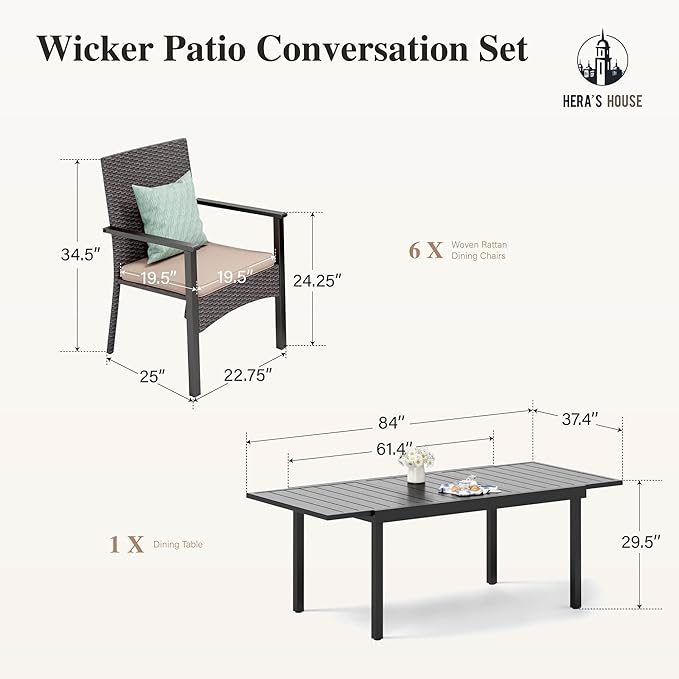 HERA'S HOUSE 7 Pieces Patio Dining Set for 6, Outdoor Rattan Chairs and Extendable Metal Dining Table with 1.57" Umbrella Hole for Deck, Balcony, Backyard, Garden