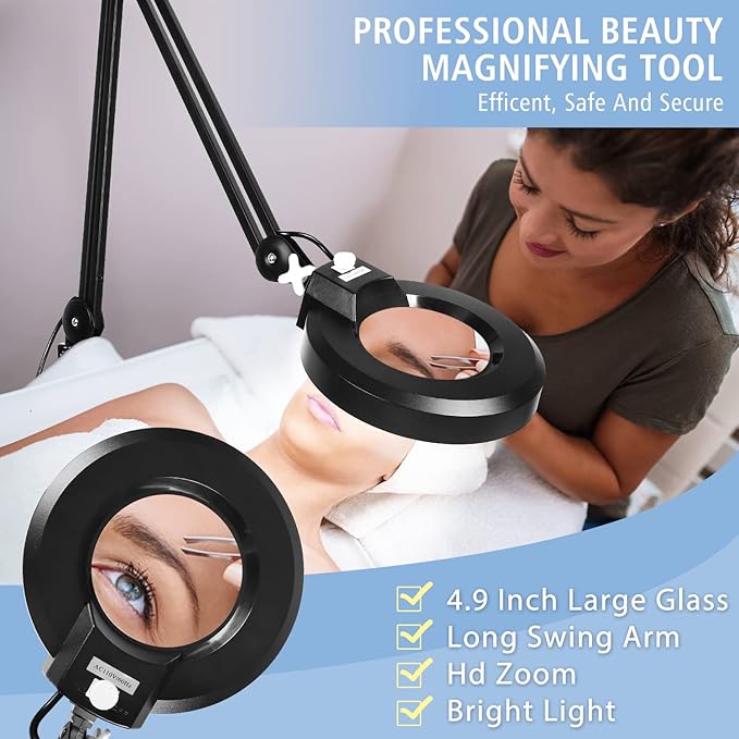 LANCOSC 8X Magnifying Glass with Light and Stand, Floor Lamp with 5-Wheel Rolling Base for Facials Lash Estheticians, 1,500 Lumens Dimmable LED Lighted Magnifier for Reading Sewing Crafts - Black